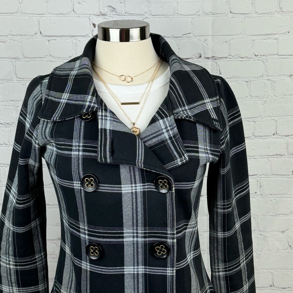 Billabong Jacket Womens Medium Black Plaid Tapered Waist Pea Coat With Pockets - Picture 6 of 16